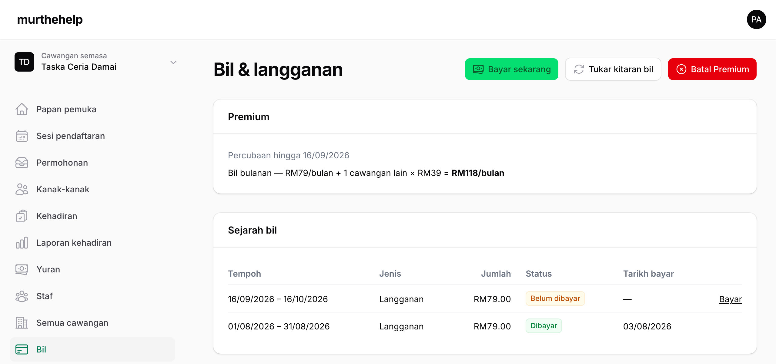 Halaman Bil murthehelp: pelan Premium, bil bulanan dan sejarah pembayaran