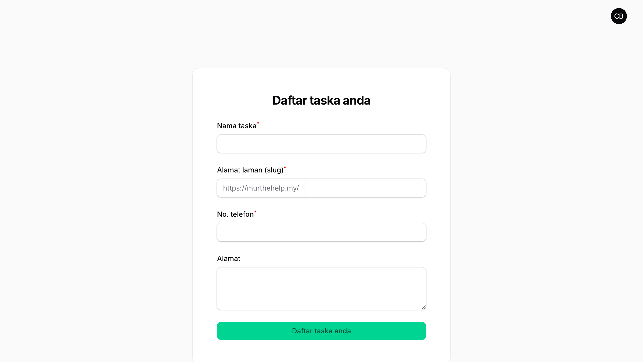 Tangkapan skrin: Buat akaun dan namakan taska
