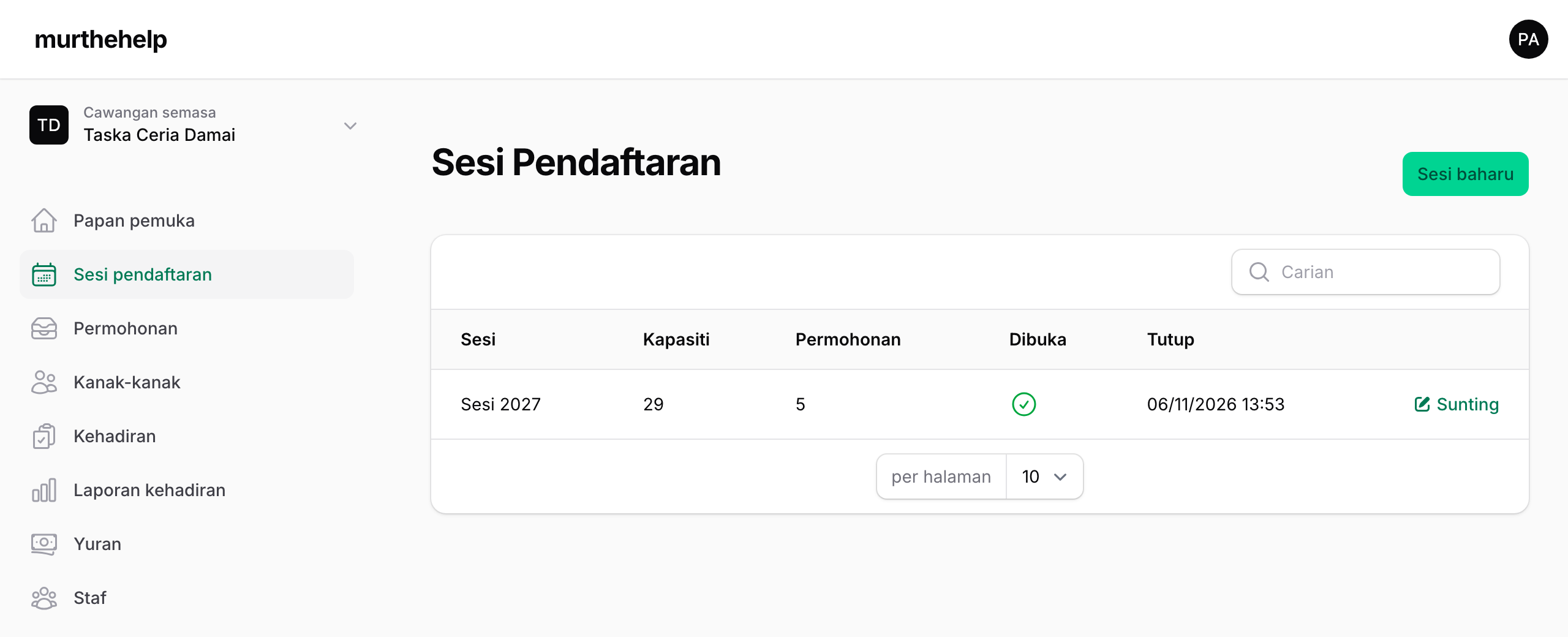 Tangkapan skrin: Buka sesi pendaftaran